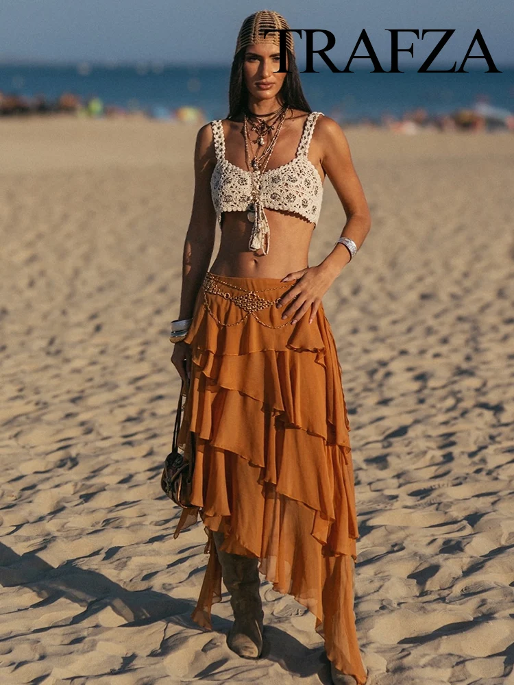 

TRAFZA Women Autumn New Fashion Asymmetric Stacked Decorative Midi Skirt Female Temperament Seaside Vacation Style Casual Skirt