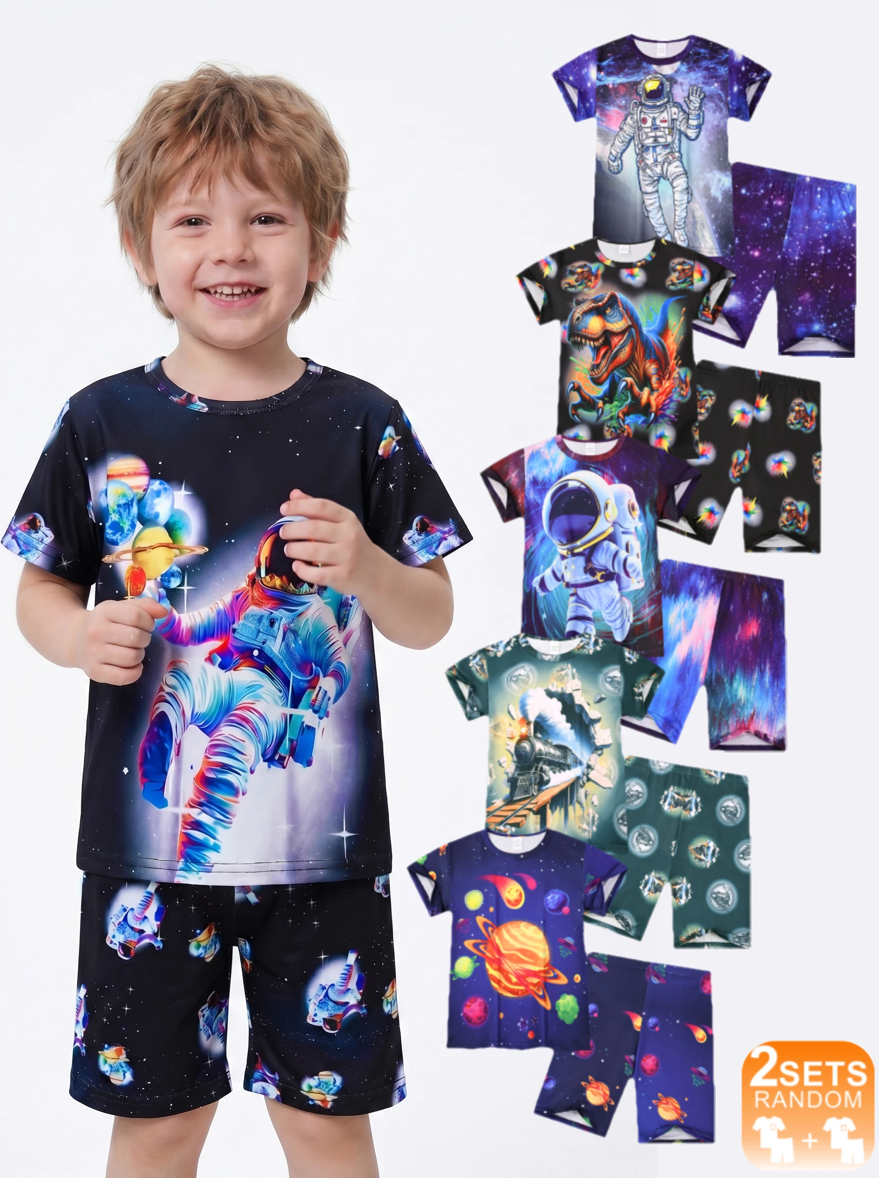 2 Random Sets Boys Cartoon Pajamas, Starry Sky & Dinosaur Print, Refreshing & Loose, Kids Short Sleeve & Shorts Loungewear