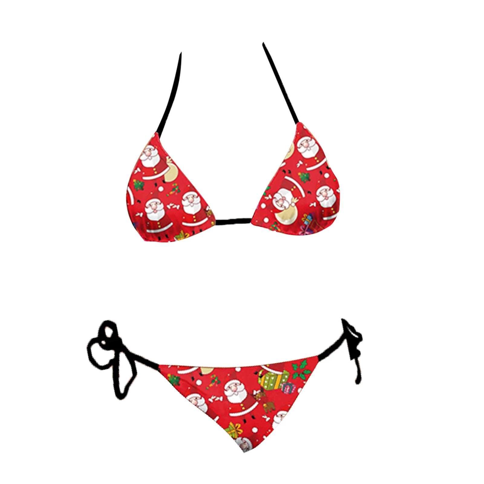

Женский рождественский комплект бикини с принтом Санта-Клауса, бюстгальтер с завязками на бретелях и трусы на шнуровке для купальников, сексуальная ночная рубашка для ролевых игр