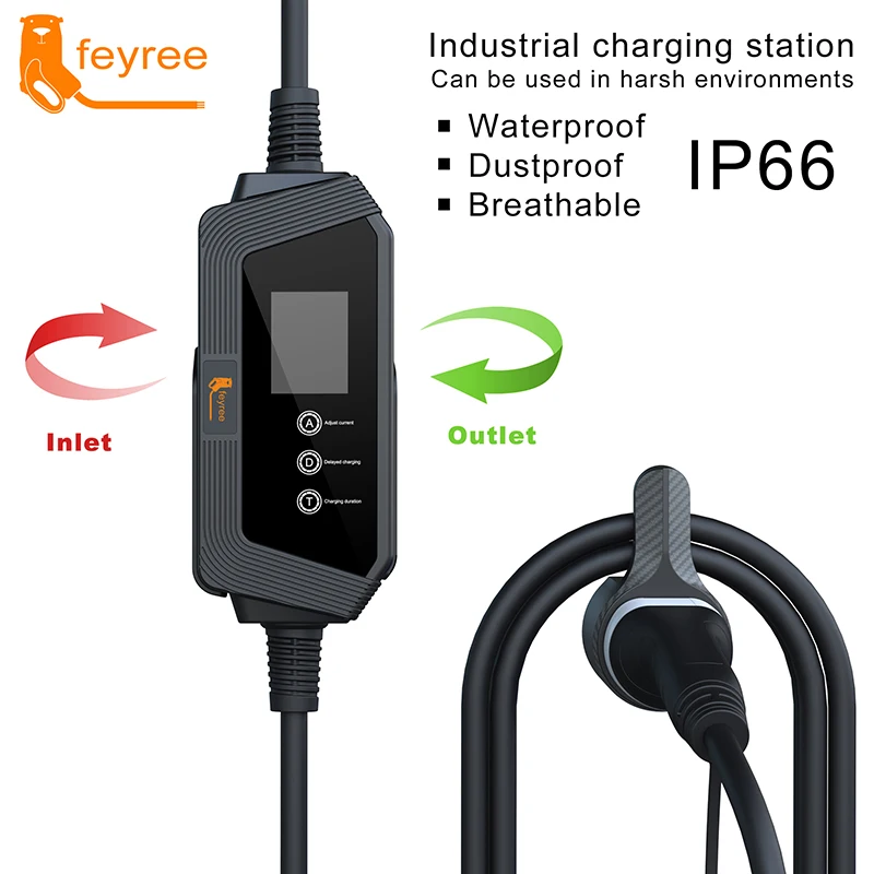 Feyree-cargador EV portátil tipo 2 para vehículo eléctrico, caja de carga trifásica EVSE, Cable de 5M con enchufe CEE, 11KW, 16A, IEC62196-2