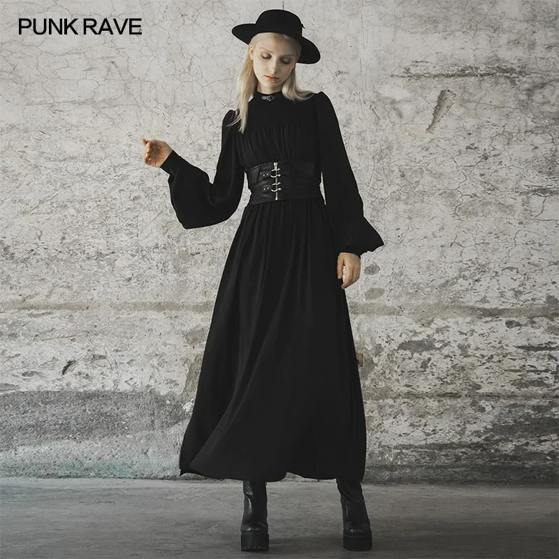 

PUNK RAVE Women's Gothic Daily Dark Spliced Temperament Lantern Sleeve Long Dress Inner Short Skirt Party Club Women