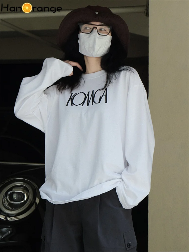 HanOrange 2026 Spring Autumn Simple Letter Printing Long Sleeve T-Shirt Women Cotton Loose Silhouette Casual Tees Top Female