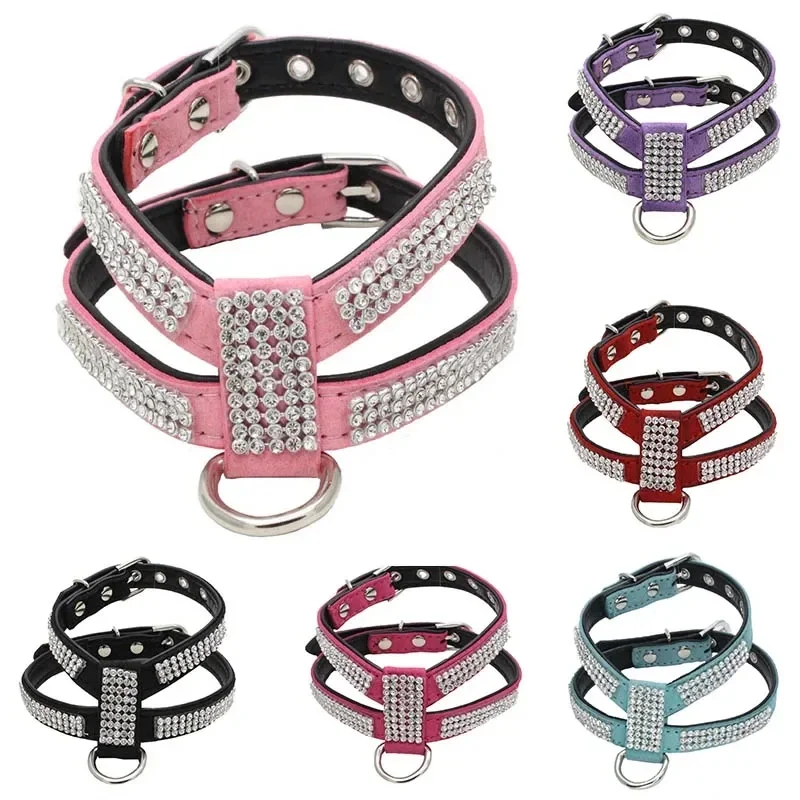 Adjustable Dog Collar with Rhinestone, Chest Strap, Pet Products, Necklace, Harness, Quick Release, Bling, K-shaped, PU