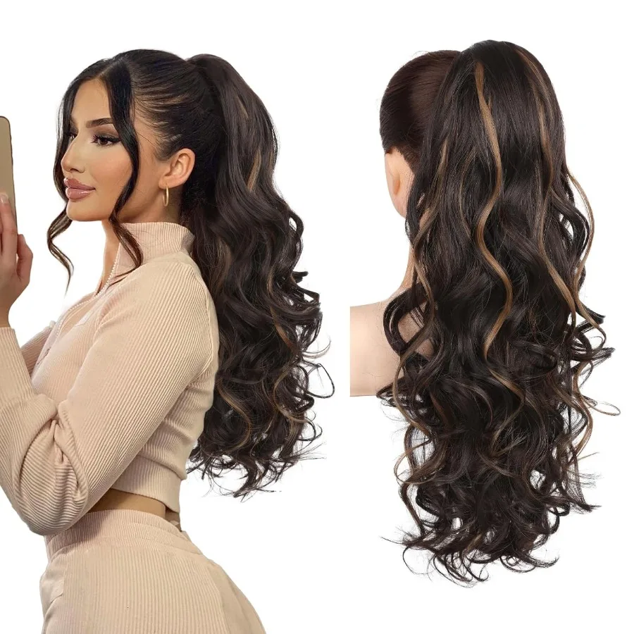 وصلة شعر على شكل ذيل حصان طويلة مجعدة ومموجة بطول 26 بوصة للنساء مع لون بني شوكولاتة داكنة ويبرز مثالية لـ D #1
