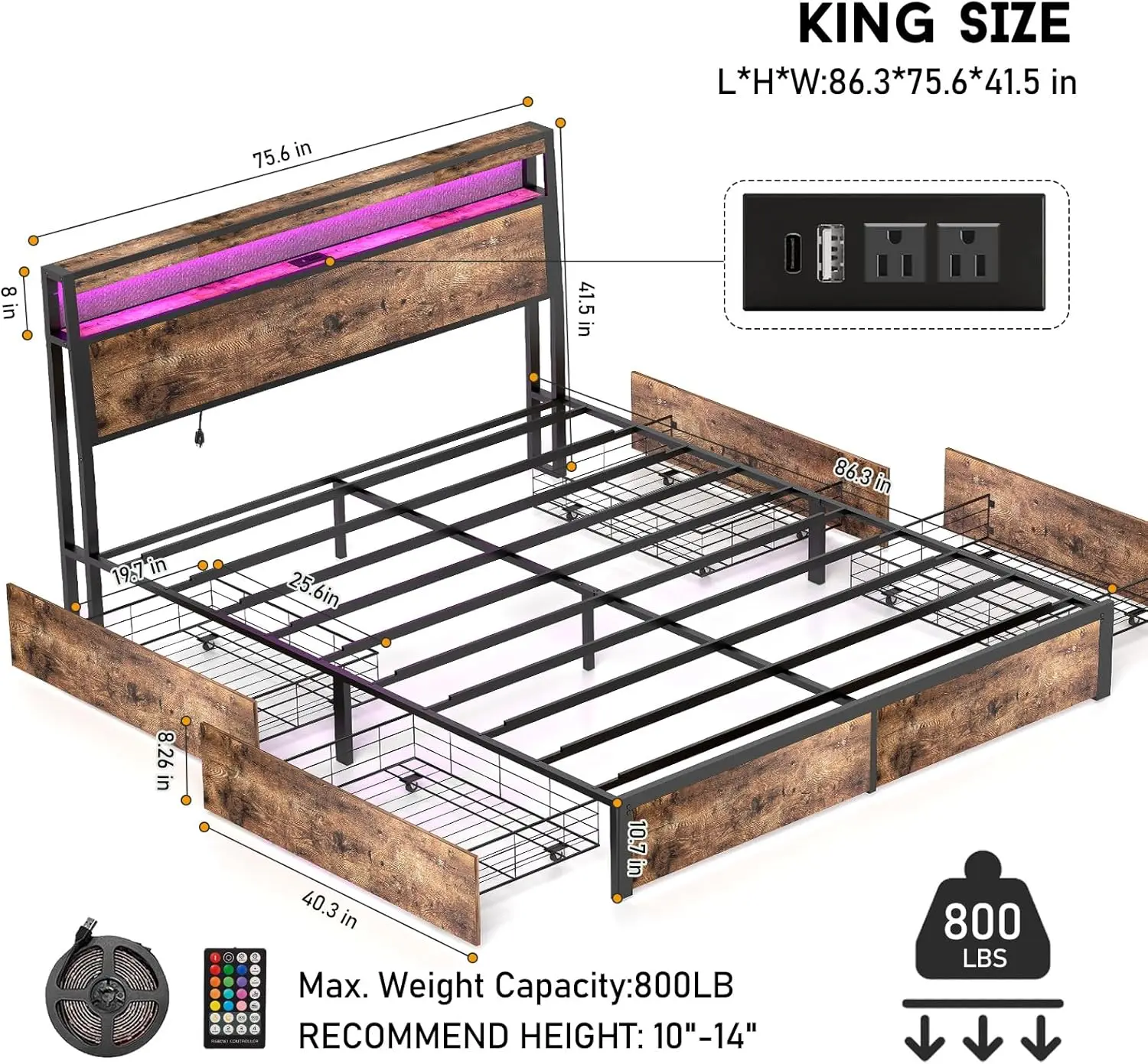 King Size Bed Frame with 4 Storage Drawers and Headboard with Charging Station and LED Lights