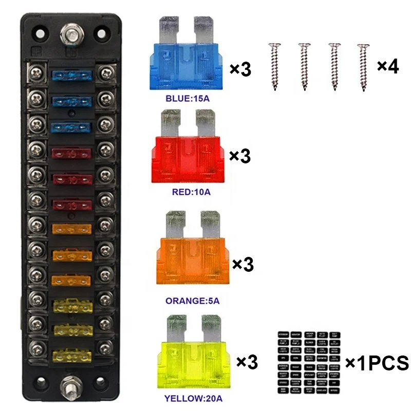 Excavator Marine Tractor 12 Way 12V Standard Circuit Car Fuse Box DC Electrical Waterproof RV auto blade fuse block With Cover