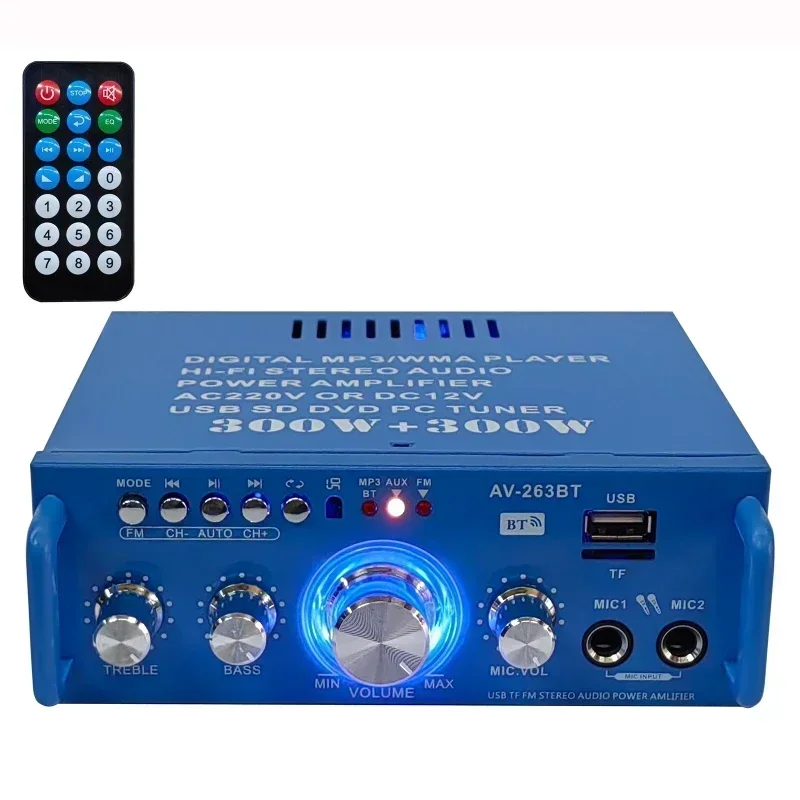 AV-263BT Amplifier for Car Bluetooth Digital Amplifier for Home Karaoke Stereo Car Subwoofer Audio Amplify with Remote Control
