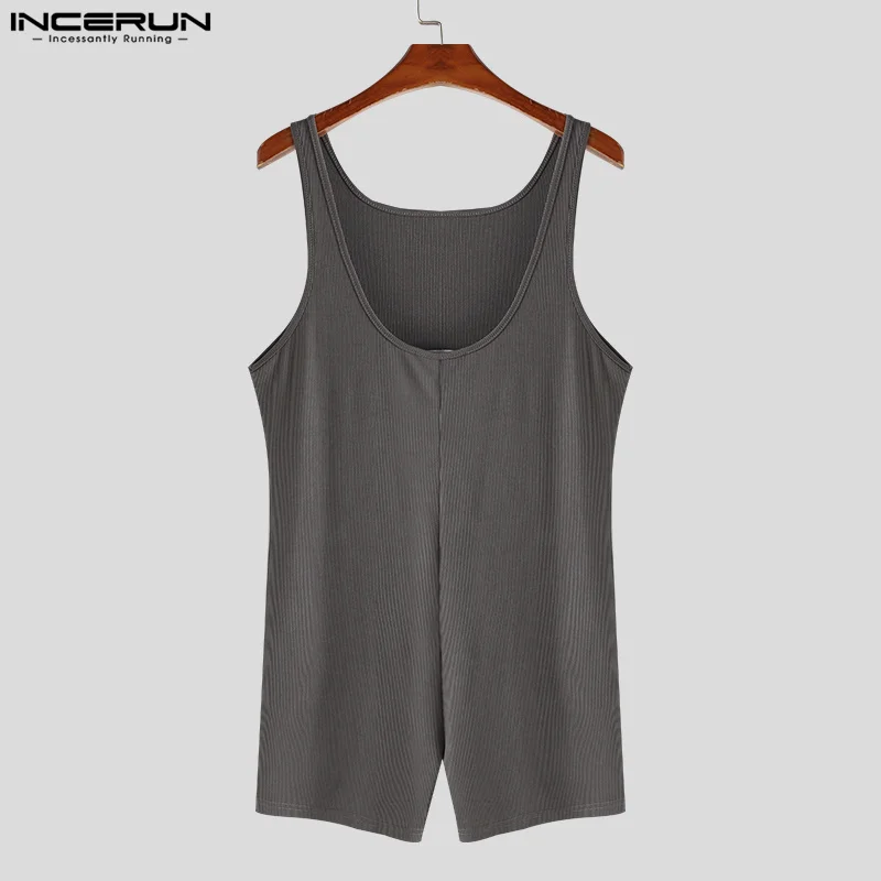 INCERUN 2023 Sexy Style New Men Homewear Fashion Suspender Design Jumpsuits Casual Male Striped Solid Sleeveless Bodysuits S-3XL