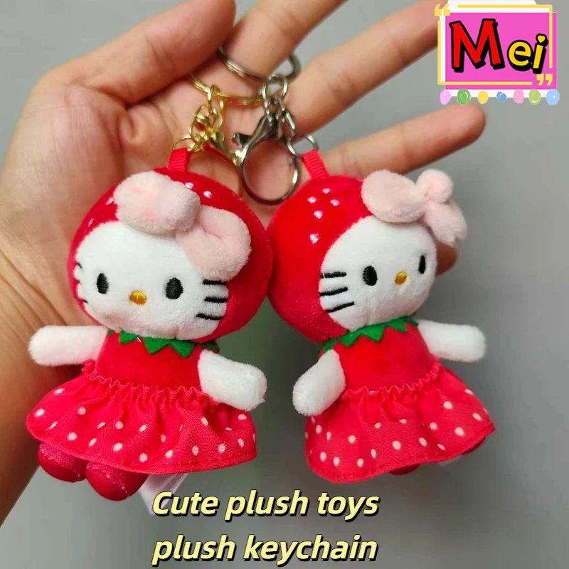 New Cartoon Kitty Plush Keychains Cute Red Strawberry Shaped Kitten Plush Toy Doll Girl Backpack Pendant Hanging Decorative Gift