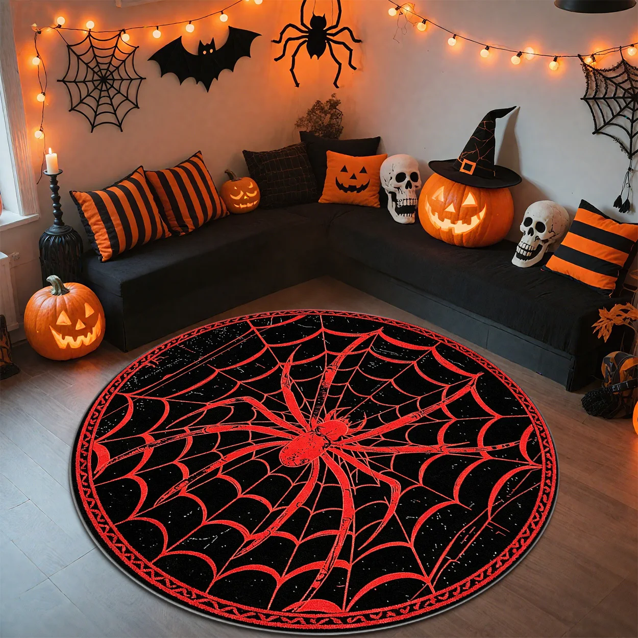 Round Area Rugs Red Black Spider Giant Web Living Room Sofa Side Bedroom Bedside Floor Mat Festive Home Decor Large Carpet