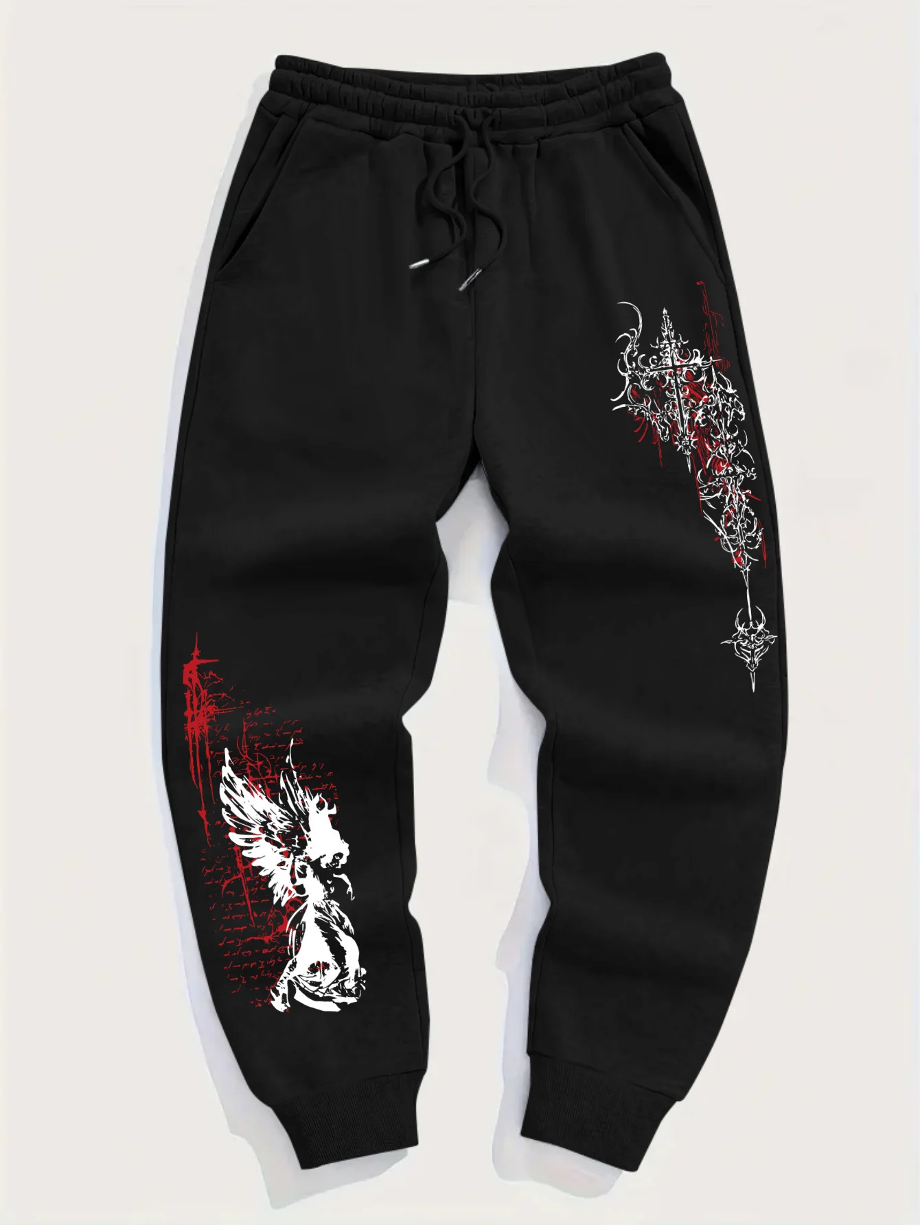 Gothic street‑wear red black angel cross totem graphic print sweatpants men hip hop sports jogger trousers