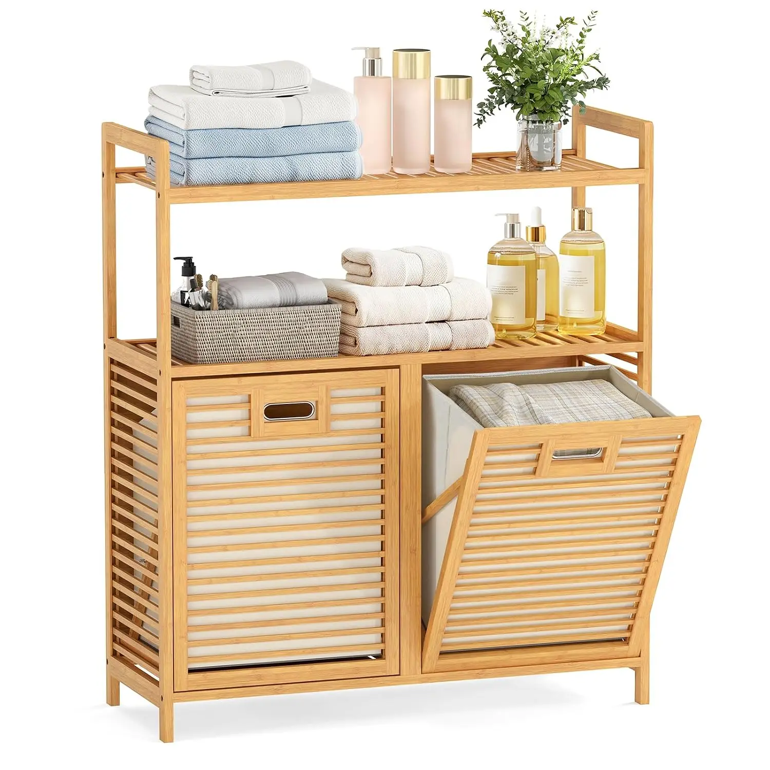 Double Tilt Out Laundry Hamper w/2-Tier Storage Shelf, Customized