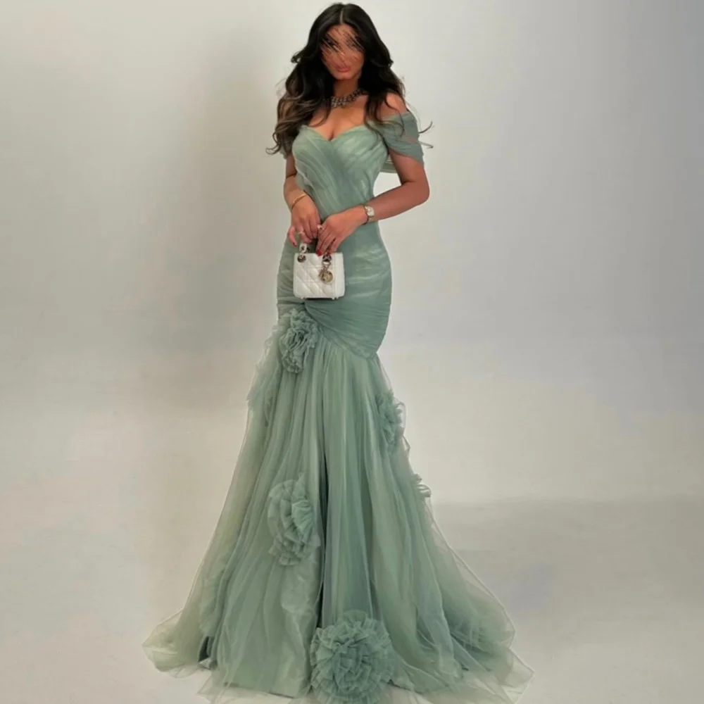 

Customized Elegant Matching Tulle Handmade Flower Ruched Mermaid Off-the-shoulder Long Dresses Bespoke Occasion Dresses Classic