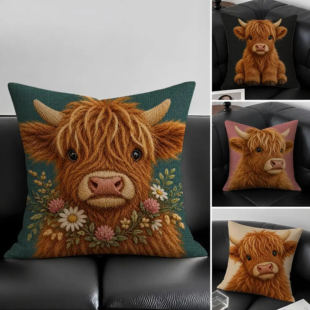 2D Flat-Printed Highland Cow Cushion Cover Natural Linen Pillow Covers, Washable Cushion Cases for Sofa Bed Couch Decor