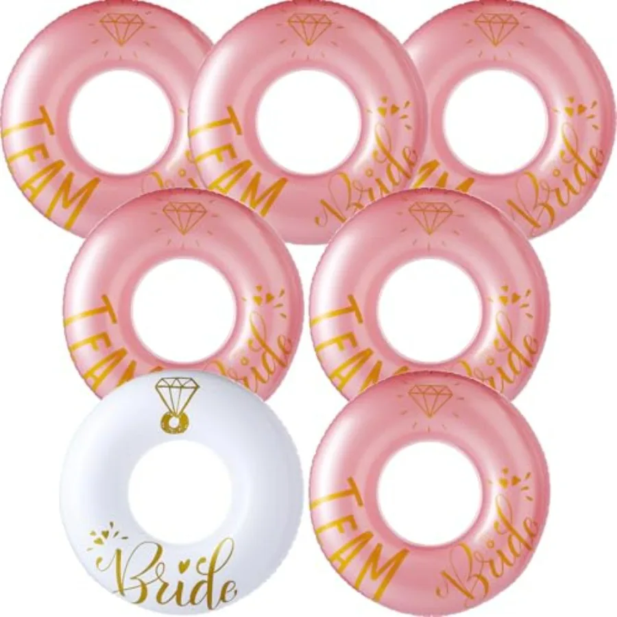 

Bachelorette party pool float set: 7 pcs inflatable tubes, PVC material, pastel pink/blue/yellow, ultra-durable extra-large 48'