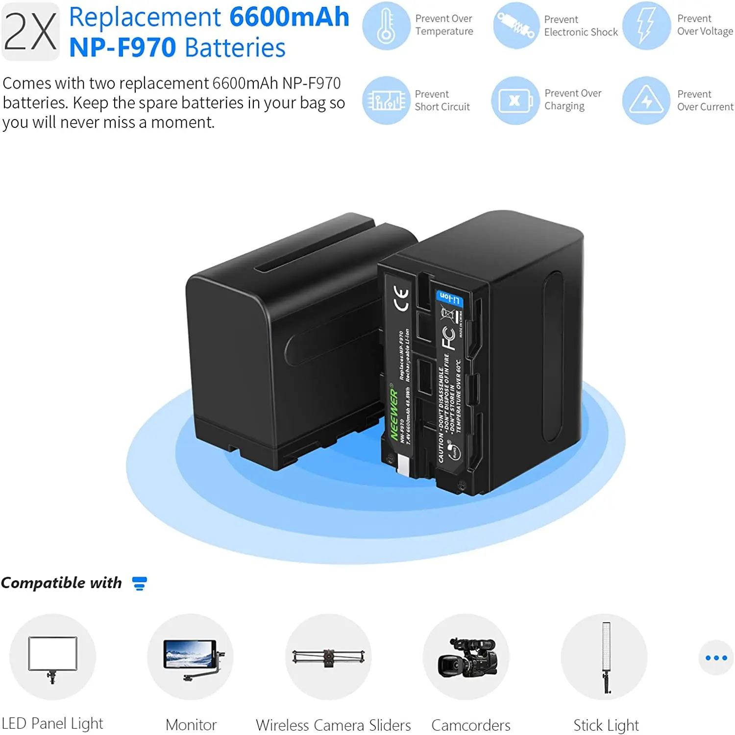 Imagem -04 - Neewer-carregador Rápido Dual Usb Bateria de Substituição para Sony Np-f970 F960 F950 F770 F750 F570 F550 6600mah 2-pack