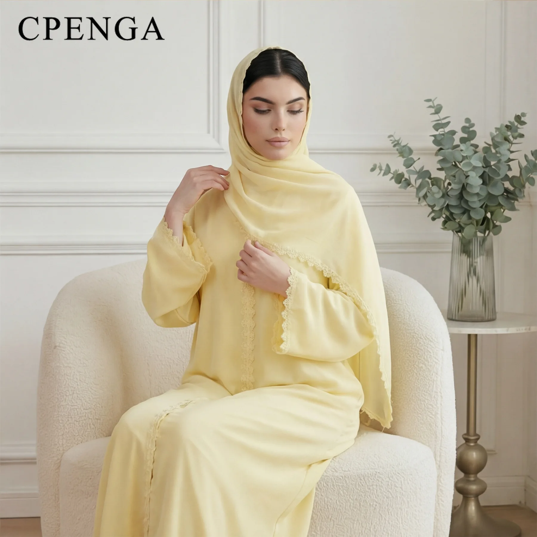 

Роскошный комплект из двух предметов: Дубайская абайя с хиджабом, элегантный мусульманский наряд в ближневосточном стиле для женщин, исламская праздничная джалабия, турецкий кафтан