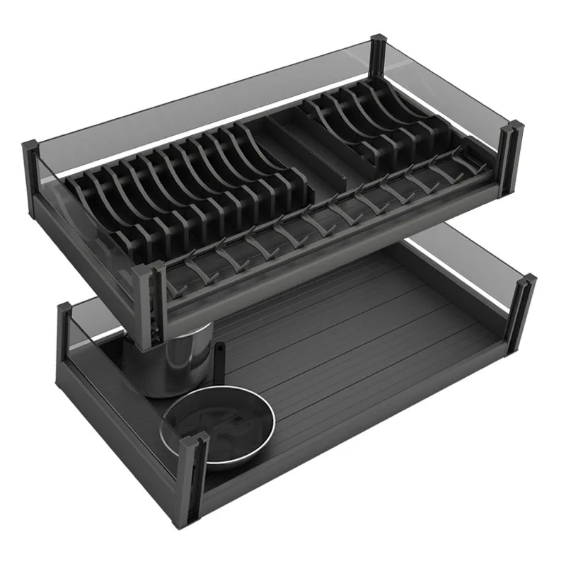 

Hot sales Aluminum Alloy 2-layer Tableware Storage Basket Pull Out Kitchen Drawer Storage Device Bowl Rack Drawer Basket