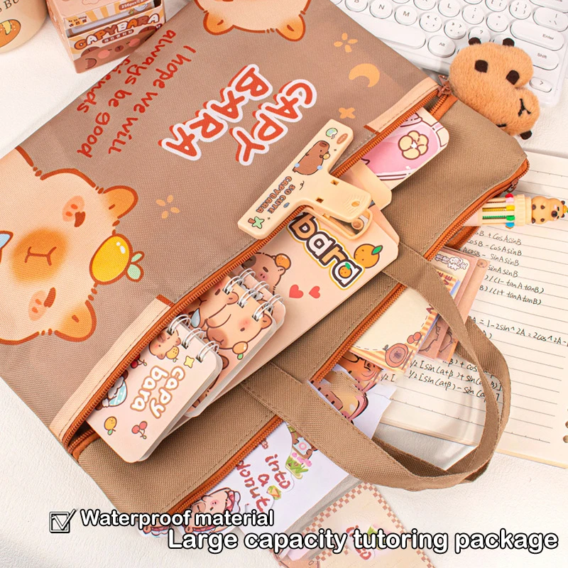Student Handbag Cute Storage Bag Large Capacity Children Handbag Waterproof Cartoon Capybara Zipper Handbag Durable DocumentsBag