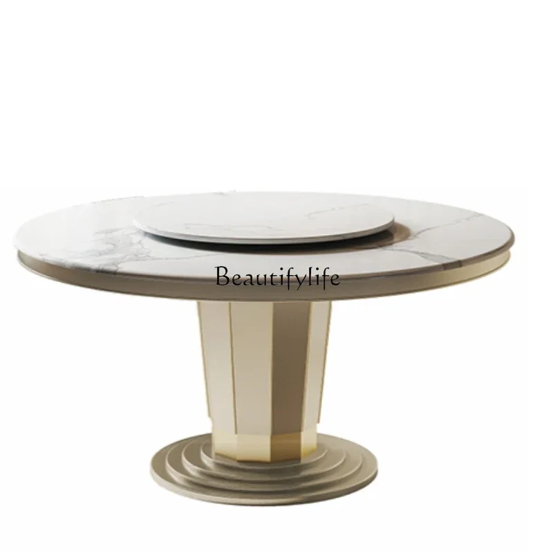 

American solid wood dining table light luxury high sense marble round dining table and chair combination