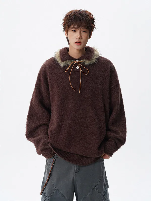 

Американский вязаный свитер со съемным меховым воротником, мужской зимний тяжелый имитационный норковый воротник, модный топ для ленивого пары