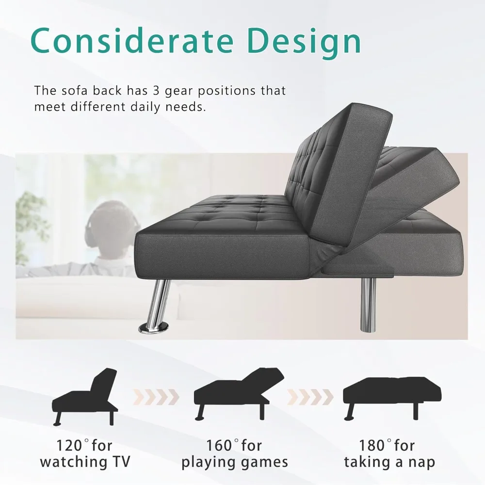 Sofá-cama futon dobrável moderno, poltrona reclinável conversível com porta-copos, braços removíveis, couro PU preto