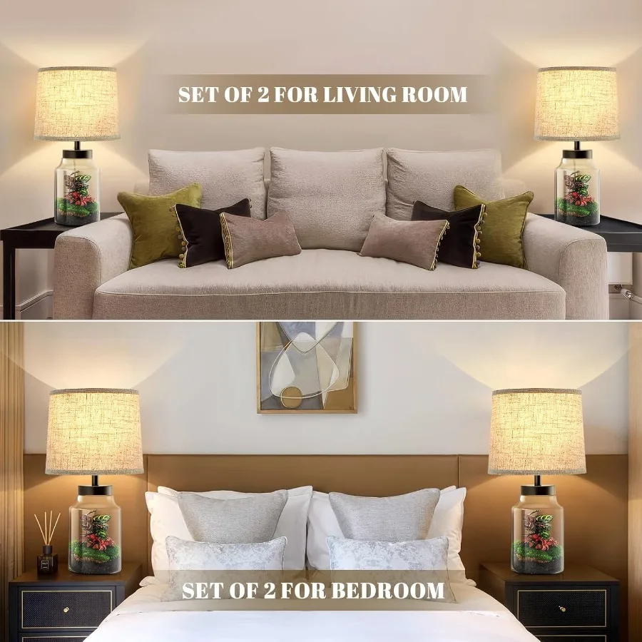 مجموعة مصابيح طاولة لزينة عيد الميلاد، مصباح طاولة قابل للتعبئة مع مجموعة مصابيح منضدة زجاجية شفافة مكونة من 2 مصباح بجانب المعيشة R