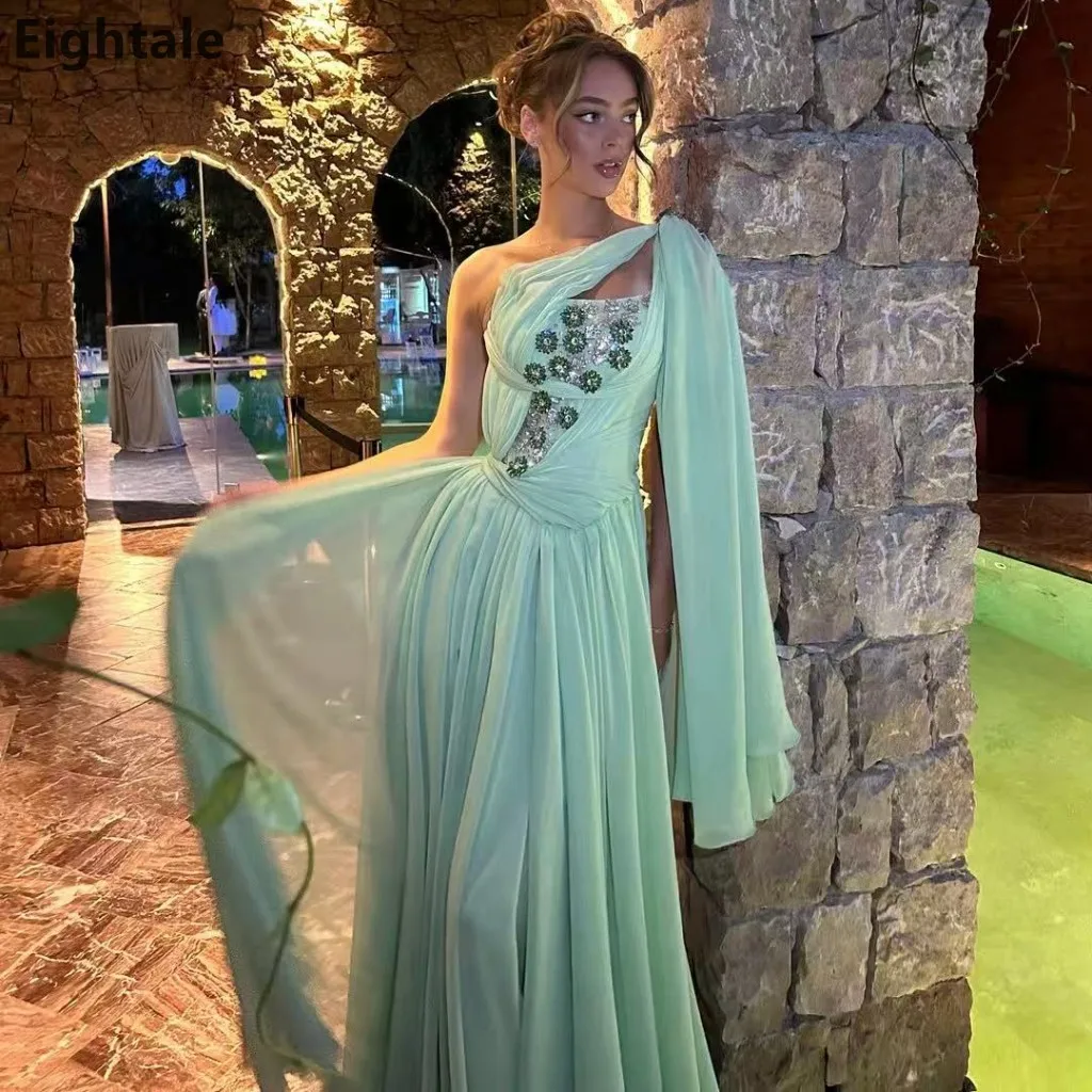 Eightale 2025 verde menta un hombro una línea de gasa Maxi vestido de noche Arabia Saudita vestido de fiesta Dubai vestido de fiesta personalizado