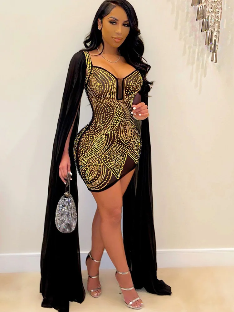 Beyprern Beautiful Flare Cape Sleeve Mesh Crystal Dress Sparkle See Through Sequin Bodycon Party Club Dresses Stroje urodzinowe