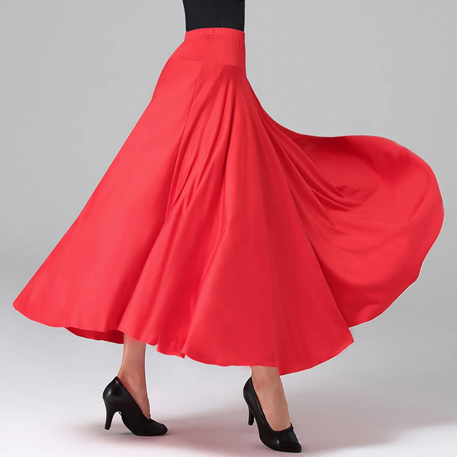 Womens Spanish Flamenco Swing Skirt Solid Ballroom Dance Long Skirts High Waist Elastic Waistband Ruffle Performance Costume