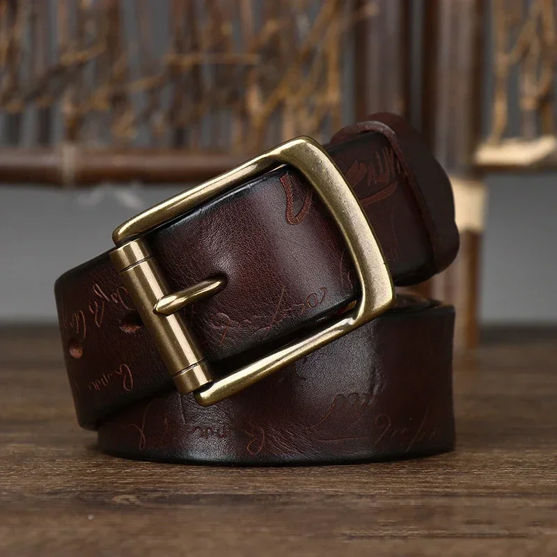 3.8CM Men High Quality Genuine Leather Belt Laser Engraving Brass Pin Buckle Belts Pure Cowskin Vintage Strap Male Jeans for Man