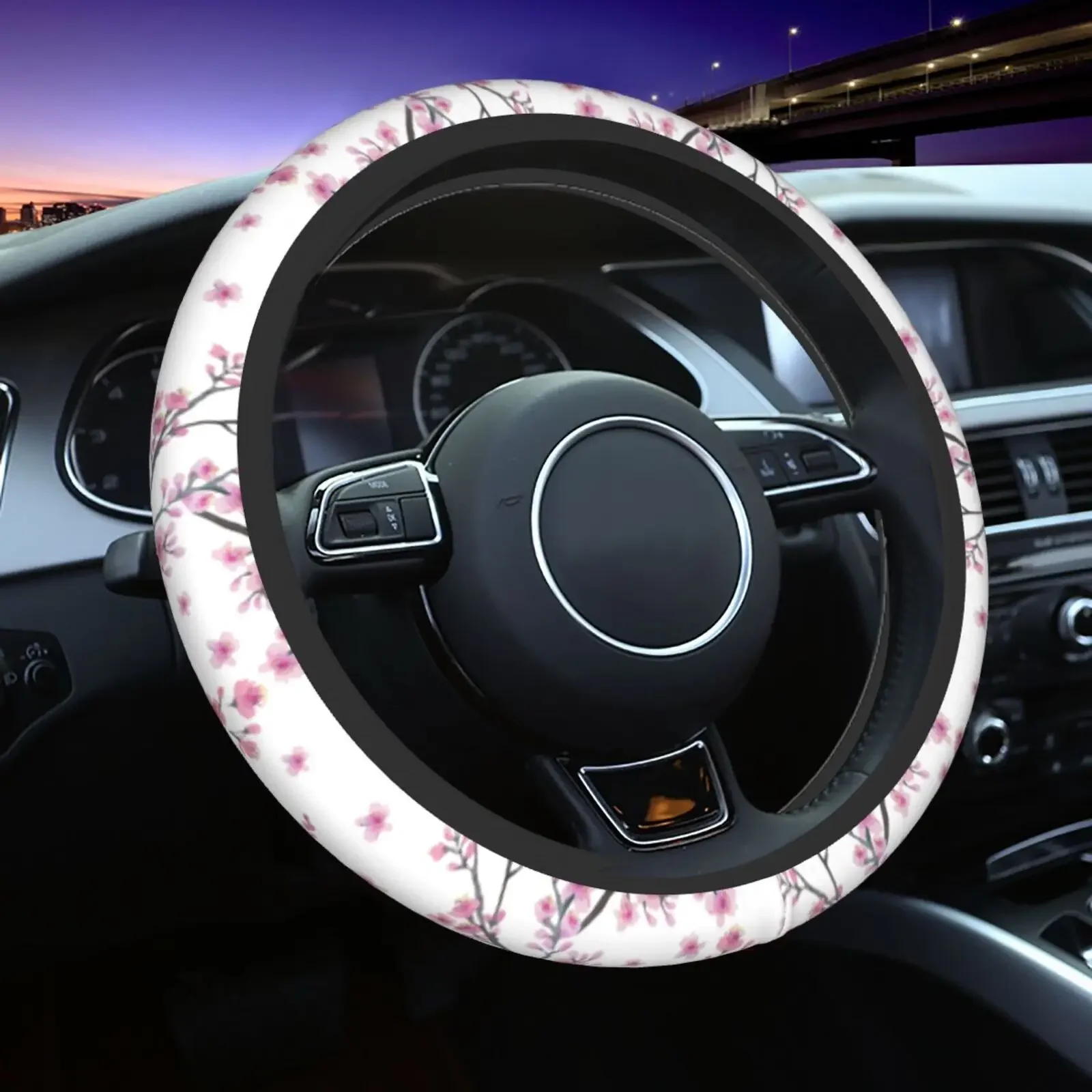 Cherry Blossoms Flower Steering Wheel Cover Universal Fit 15 In Neoprene Anti-Slip Breathable Auto Car Steering Wheels Protector