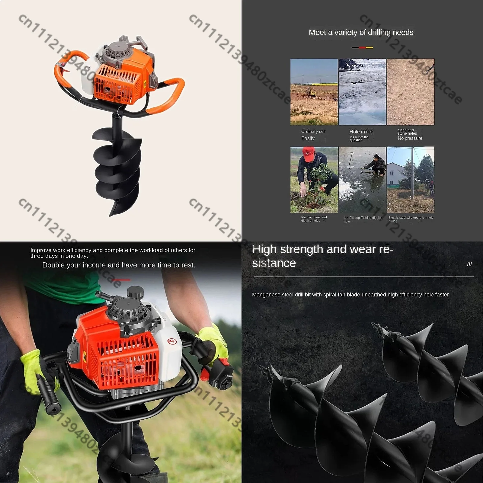 Useful 2 Stroke 98CC Petrol Post Hole Digger 5.2kw Soil Drill for Fence Ground Installing
