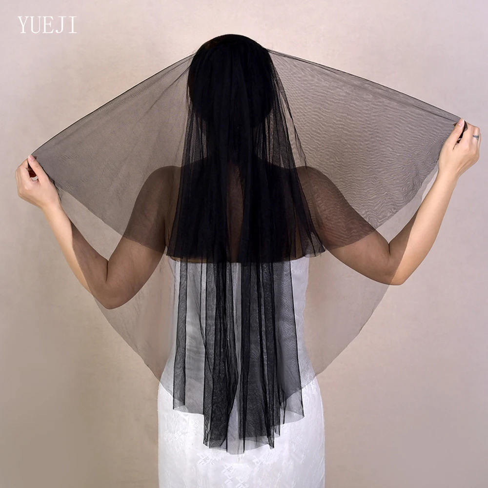 YUEJI คุณภาพสูงสีดําเส้นด้ายงานแต่งงาน Veil Double Layer สั้นปลายนิ้วความยาว Veils สําหรับ Bachelorette Party YJ215