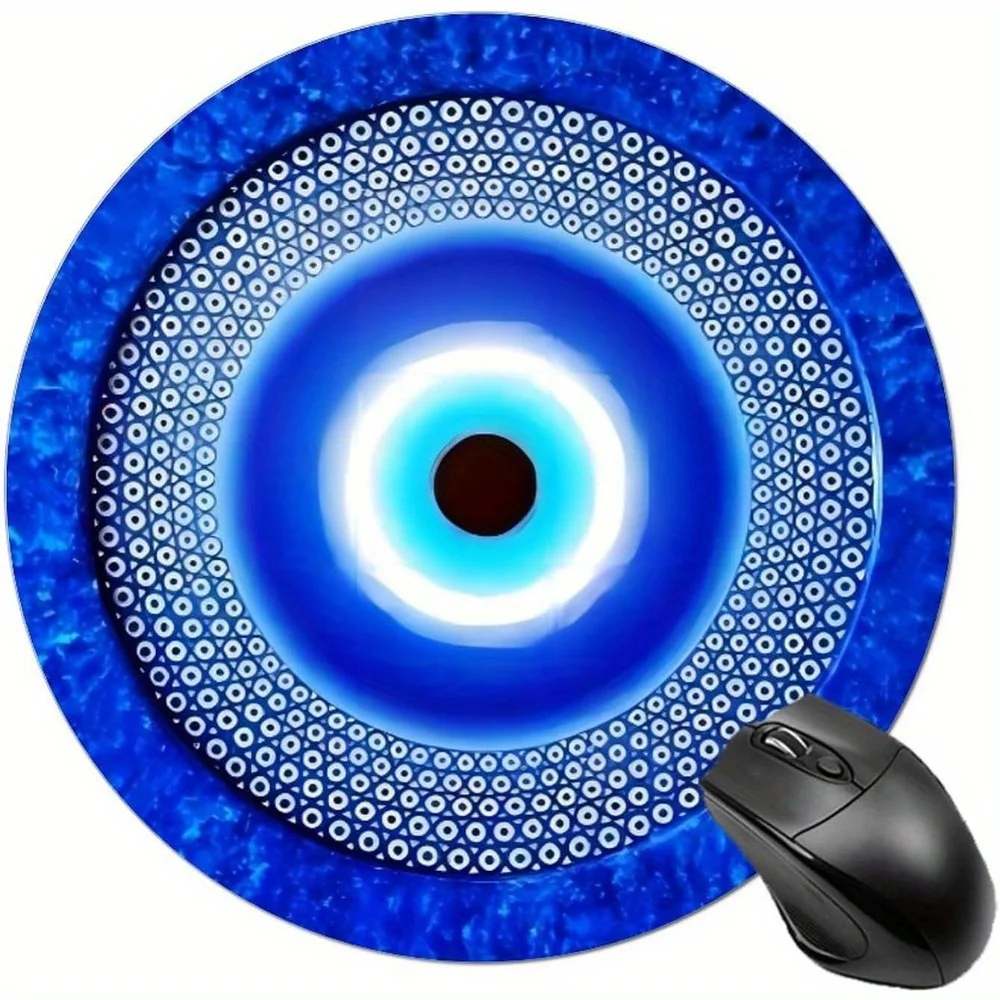 The blue evil eye circular mouse pad with a textured anti-slip rubber base is waterproof and suitable for gamers and office use