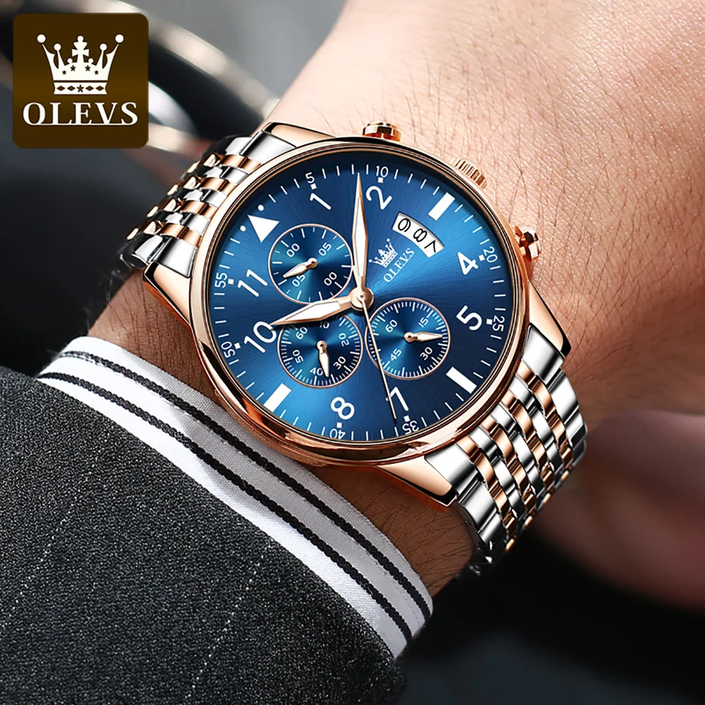 OLEVS 2869 Pilot Multifunctional Quartz Wristwatch for Men Stainless Steel Waterproof Luminous Calendar Chronograph Mens Watches