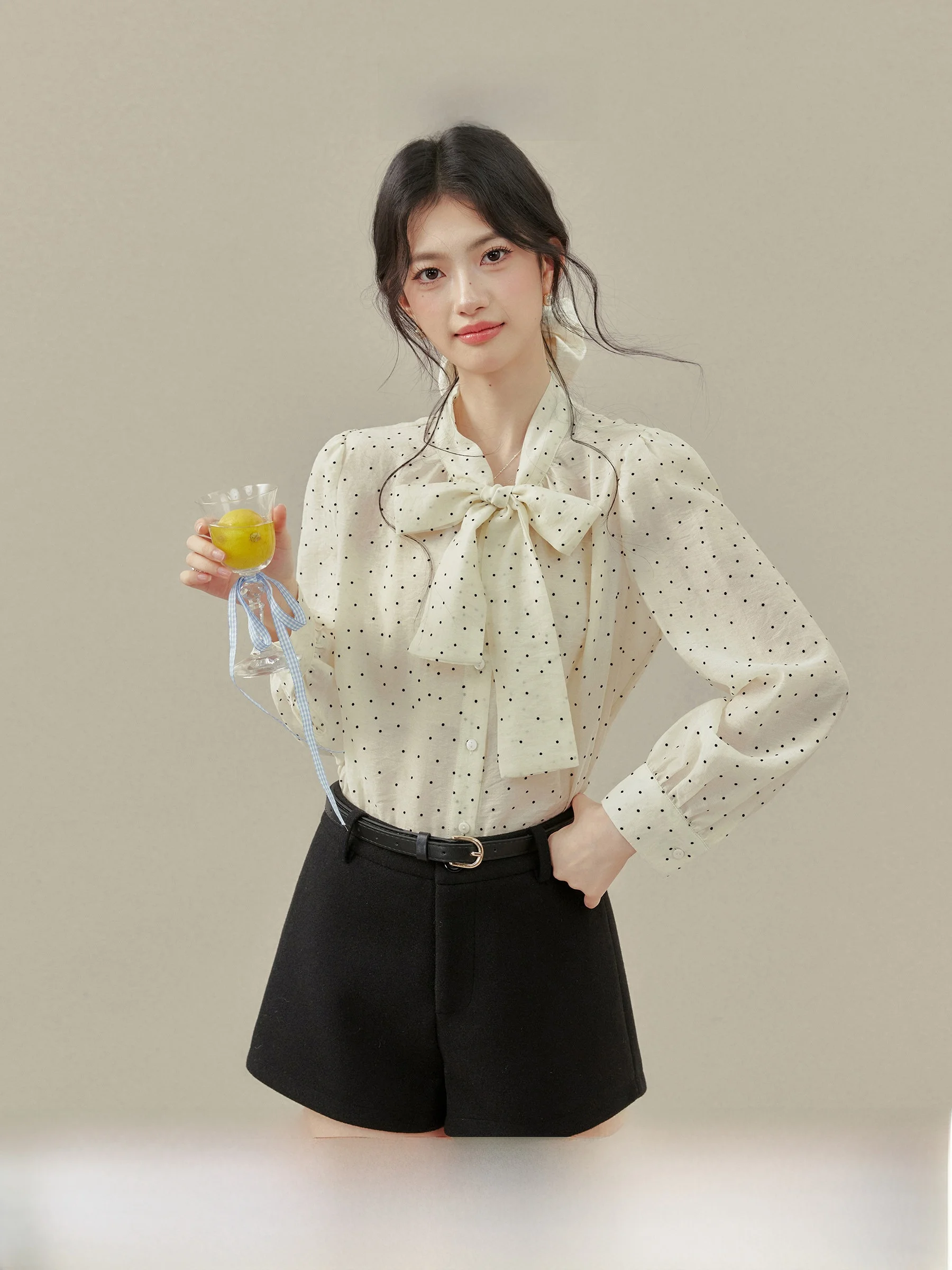 

Весна 2026: Женская блузка в горошек с завязками, повседневная, приталенная, с длинным рукавом, устойчивая к деформации