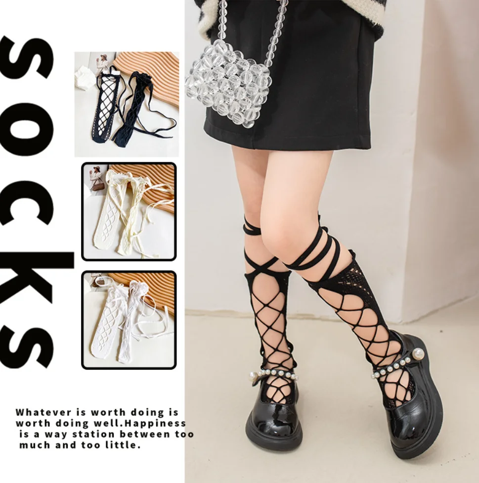 

3-12Y Children Lolita Bandage Stocking Mesh High Knee Strap Hollow Socks Girls JK Transparent Thin Stockings