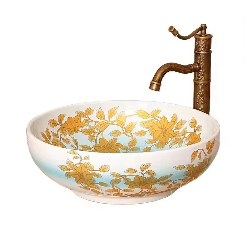 

Круглая керамическая раковина для унитаза с золотым цветочным узором для ванной комнаты, столешница, умывальник