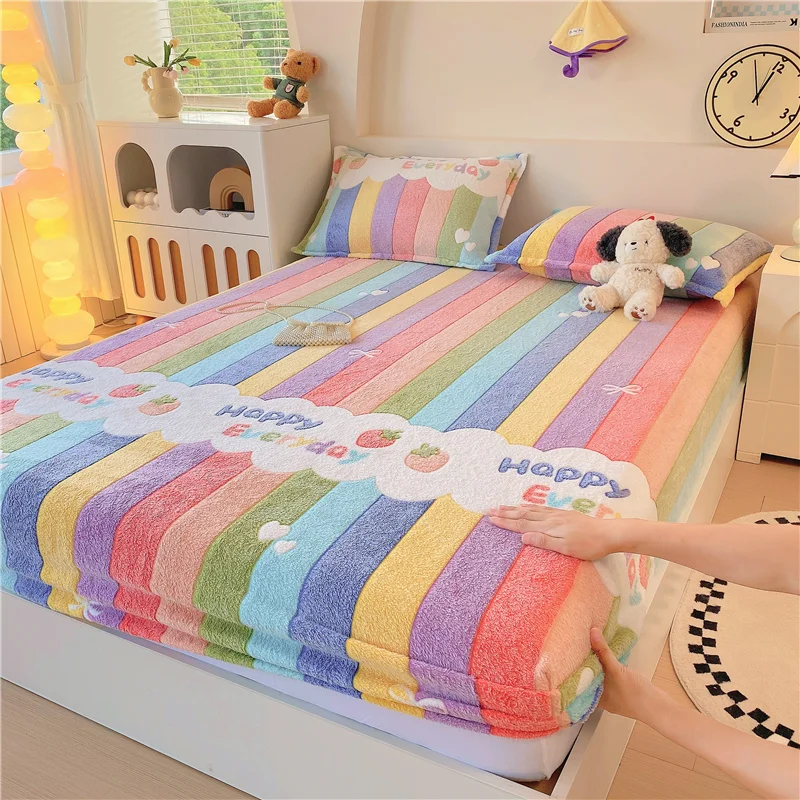 

3pc Flannel Fleece Bed Sheet for Winter Rainbow Printed Warm Fitted Sheet with Elasitc Coral Fleece Mattress Cover for Winter