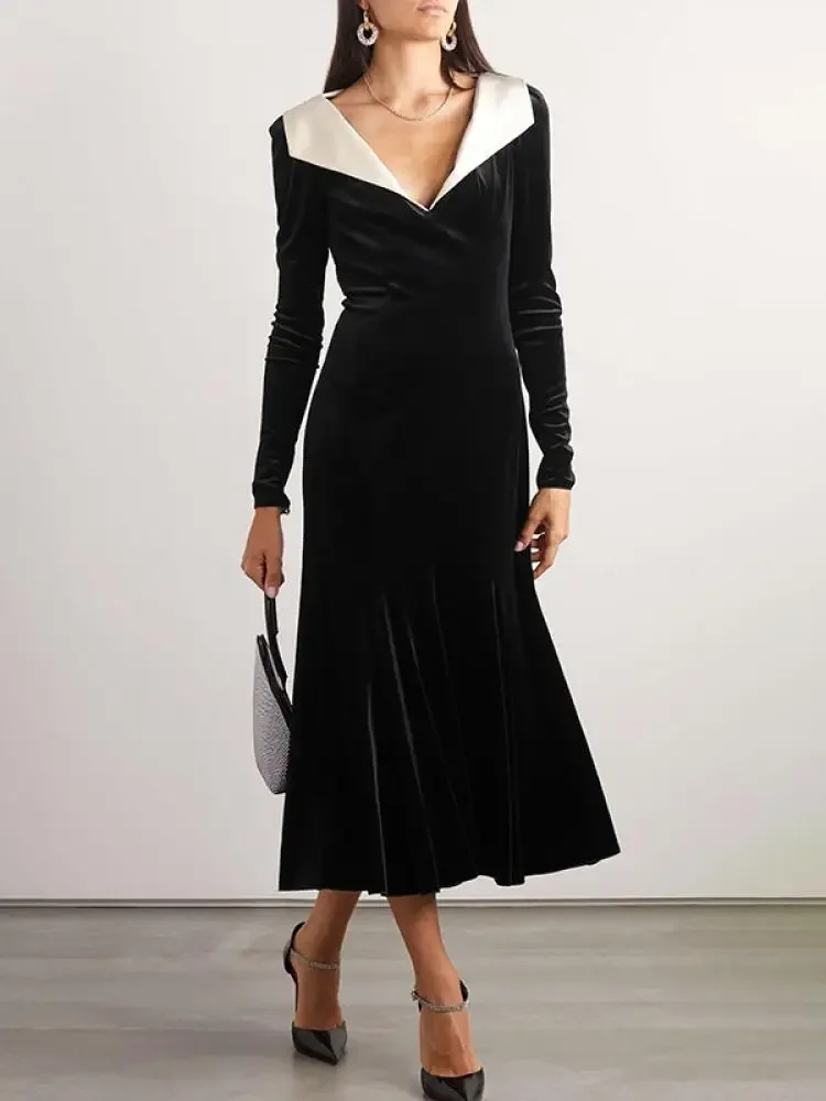 

Onecozyday 2024 Autumn New Women's Dress V-neck Black Velvet Long Sleeve Slim Fit Evening Dress Female Elegant Pleated Dress