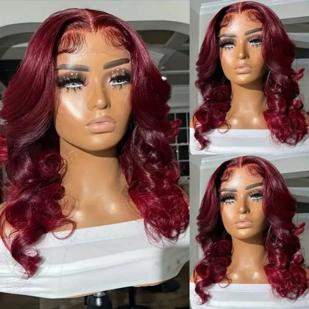 

Короткий парик-боб из натуральных волос 99J Burgundy Body Wave, предварительно проработанный, с HD-кружевной передней частью 13x4, бразильский красный парик для женщин.