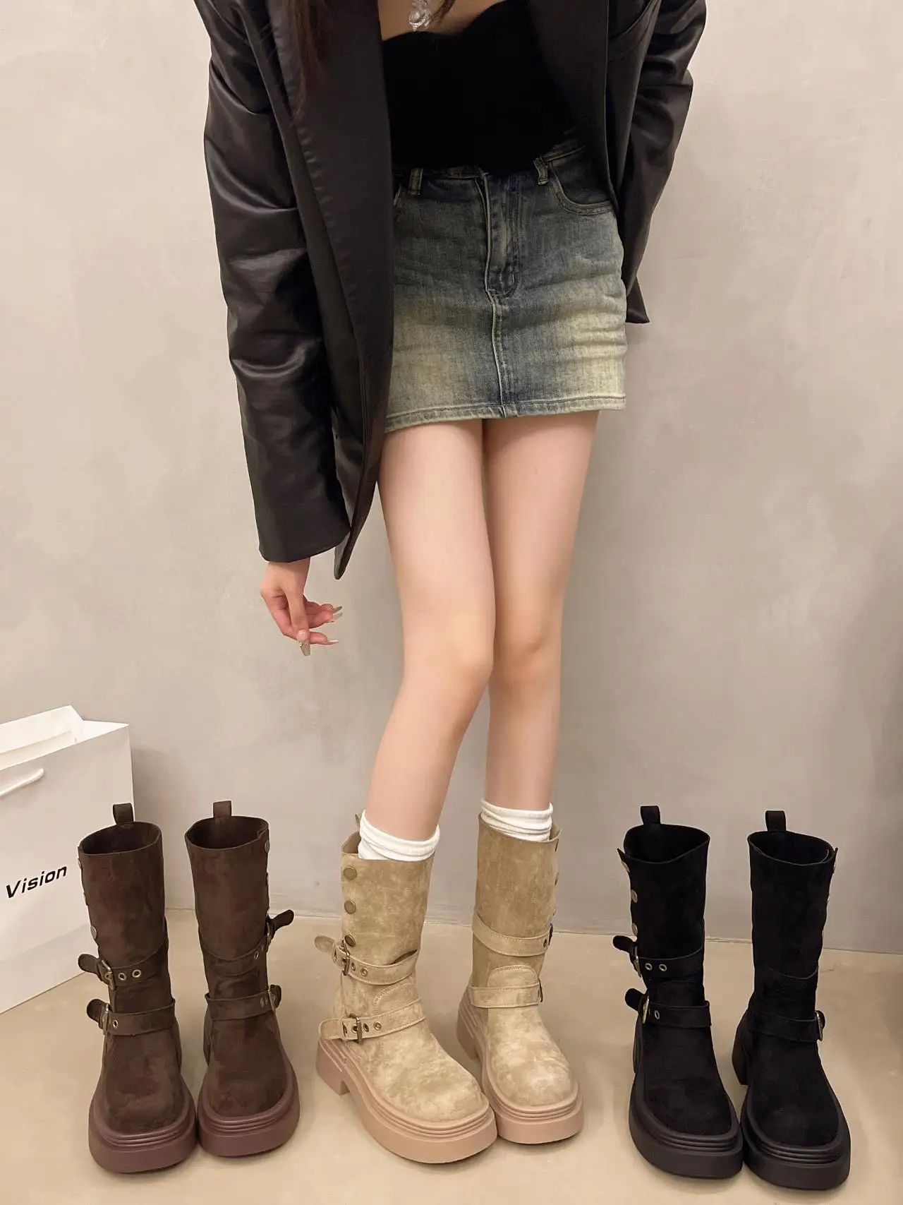 Briti Sle أحذية نسائية بكعب ثي اتجاهين ارتداء ort أنبوب الأحذية ربيع الخريف زيادة Faion المطاط وحيد