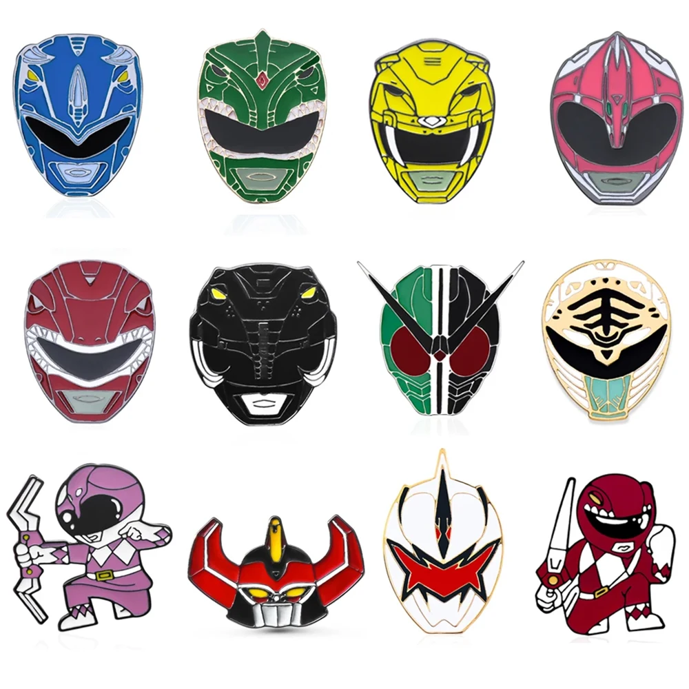 Power Dinosaur Rangers Enamel Pin Set Colorful Battle Suit Combat Helmet Lapel Badge Classic Anime Jewelry Collection Wholesale