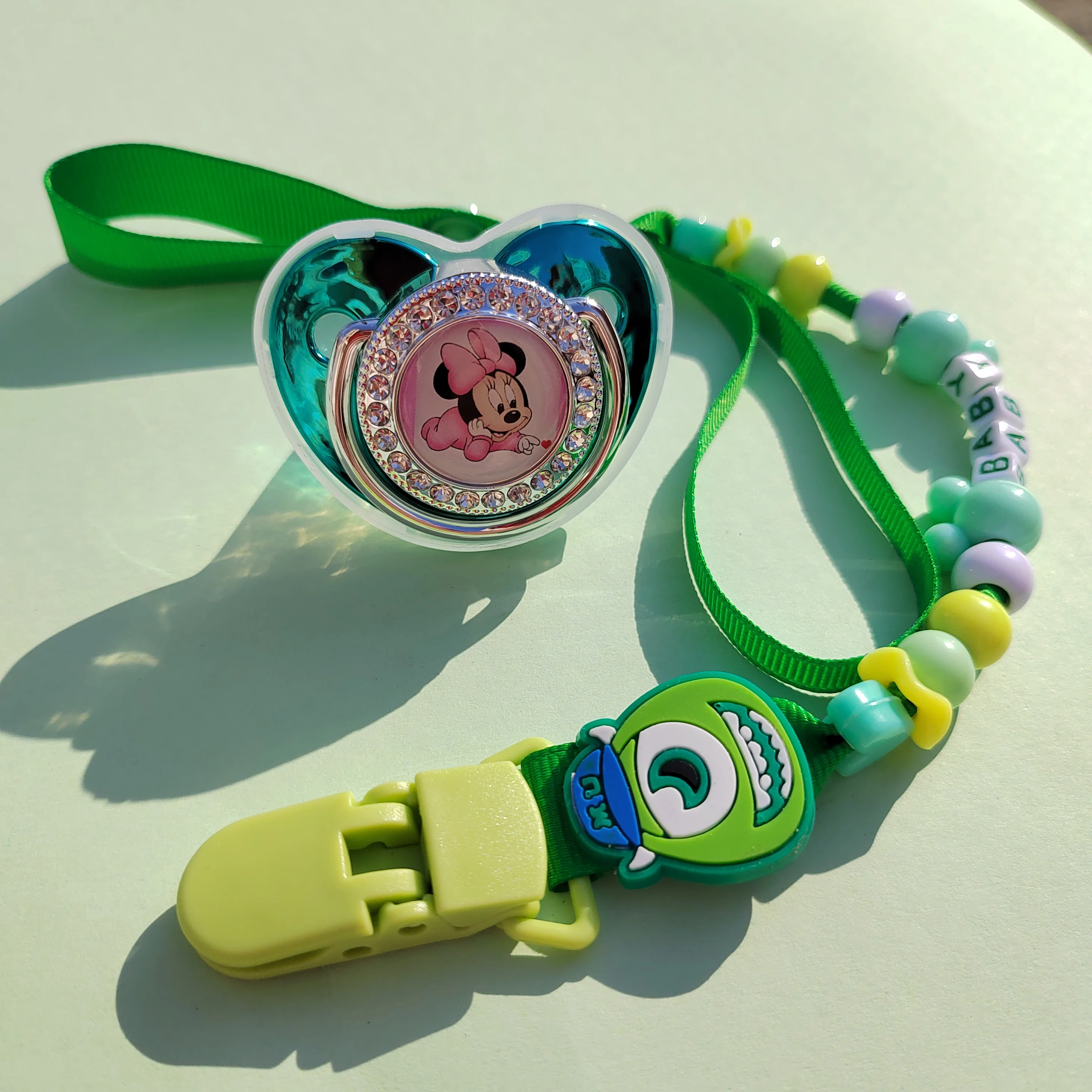 Disney Baby Food Toy Accessories Mickey Minnie Mouse Image Teether Soother Nippler Mike Wazowski Beads Custom Pacifier Clip Name