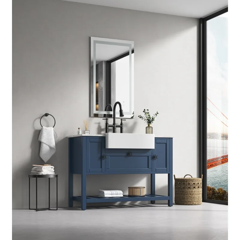 

Blue Bathroom Vanity with Sink and Mirror Floor Standing Bathroom Cabinet with Countertop Single Sink Vanity for Bathroom Decor