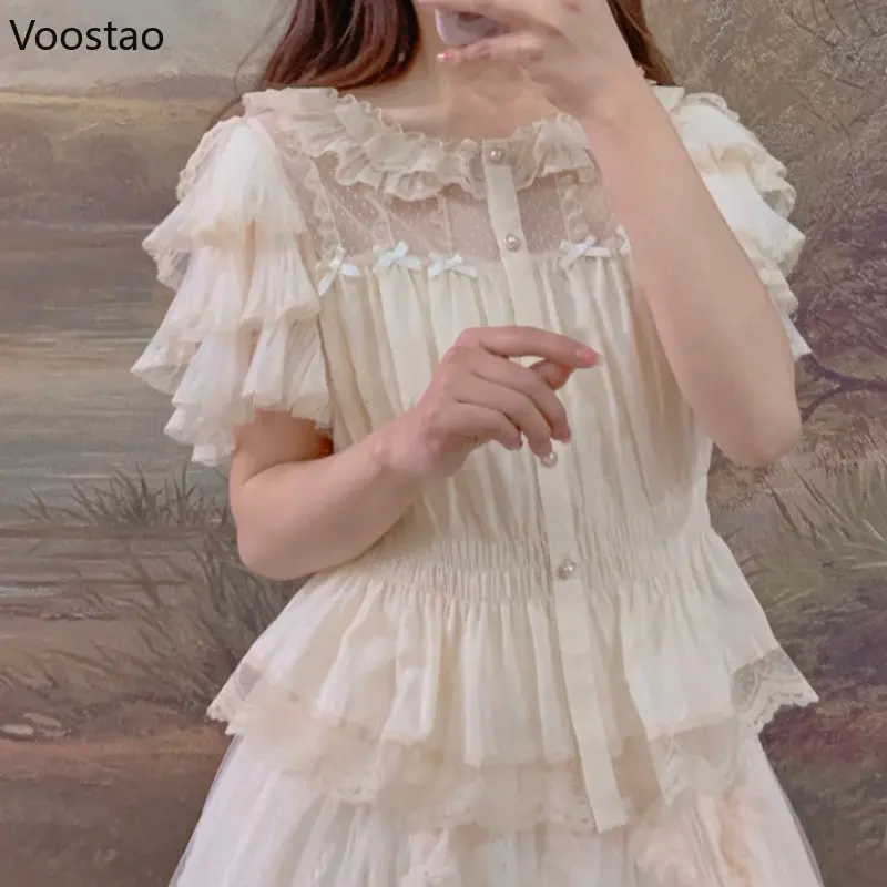 Victorian Vintage Lolita Princess Blouse Women Elegant Ruffles Short Sleeve Mesh Bow Slim Shirt Japanese Gothic Y2k Cute Tops