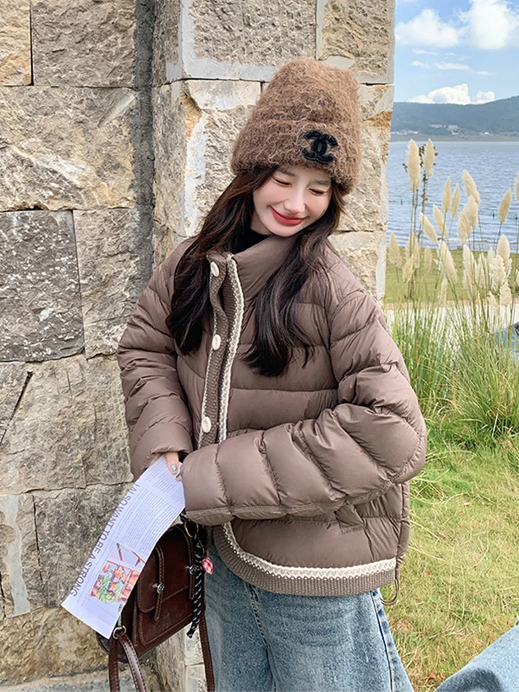 

White Du down ort Jaet Knitted Patchwork Rib Cage Design Casual Sle Stand Collar Women's Winter Faion Outerwear