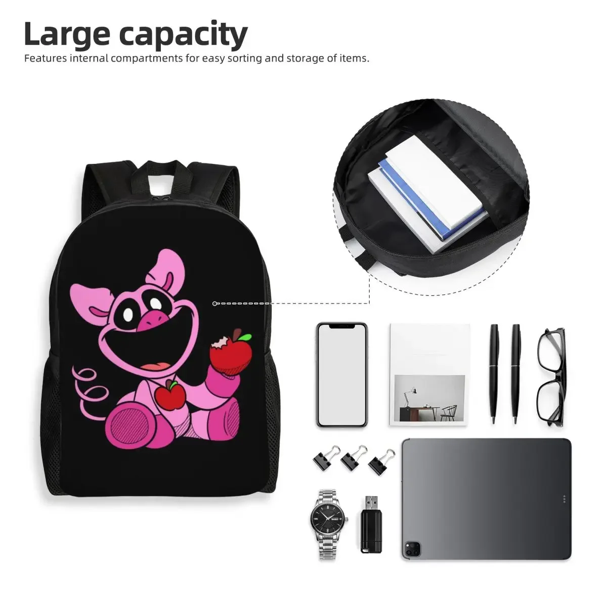Custom Pink Smiling Big Mouth Piggy Critters Backpacks Women Men Fashion Bookbag for College School Scarry Animated Game Bags