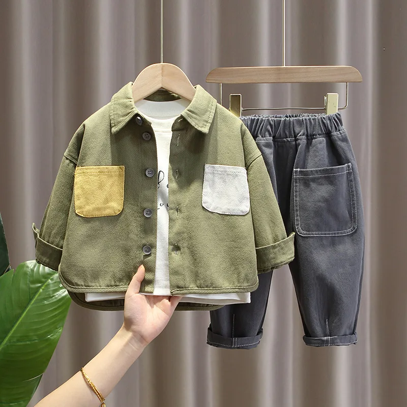 

3PCS Baby Boy Clothes Sets For Autumn 2023 Handsome Casual Simple Clothing Children Long Sleeve Lapel Tops Solid Trousers Outfit